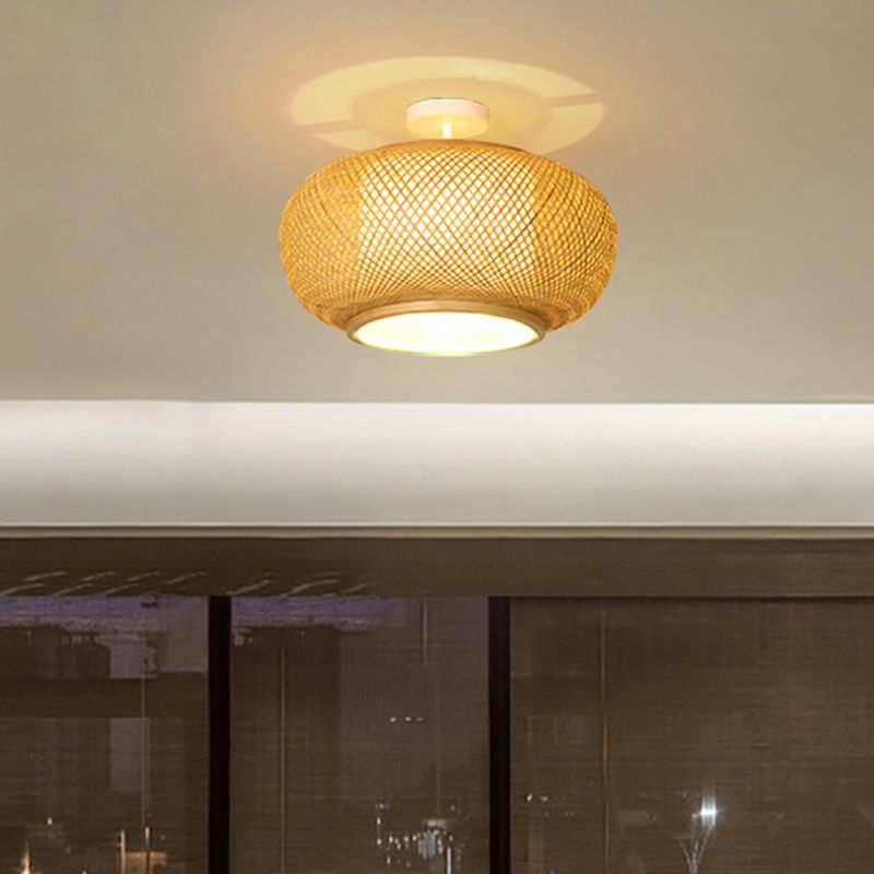 Round Shape Ceiling Lamp Asian Style Rattan 1 Light Flush Mount for Study