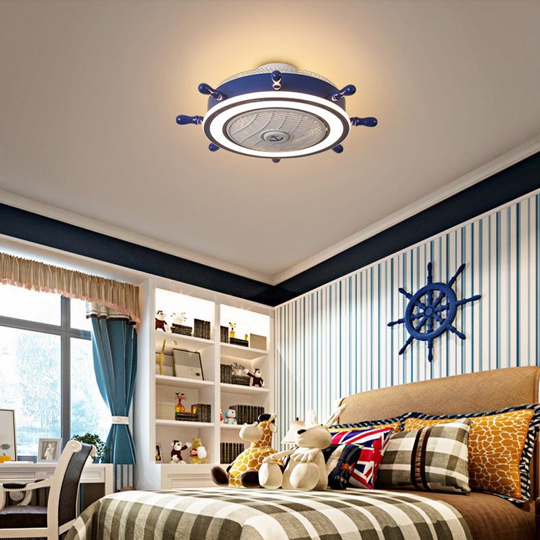 Éclairage de ventilateur de gouvernail bleu marine Méditerranéen LED acrylique Semi Flush Mount Plafond Light for Boys Room