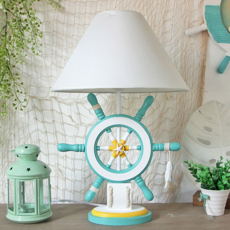 Rudder Wood Table Lamp Cartoon 1 Head Pink/Green Nightstand Lamp with Cone Fabric Shade for Bedroom