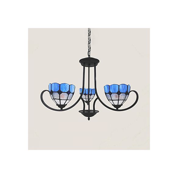 Bol baroque suspendu plafonnier 3 lumières pendantes en verre tachée d'éclairage en bleu pour foyer