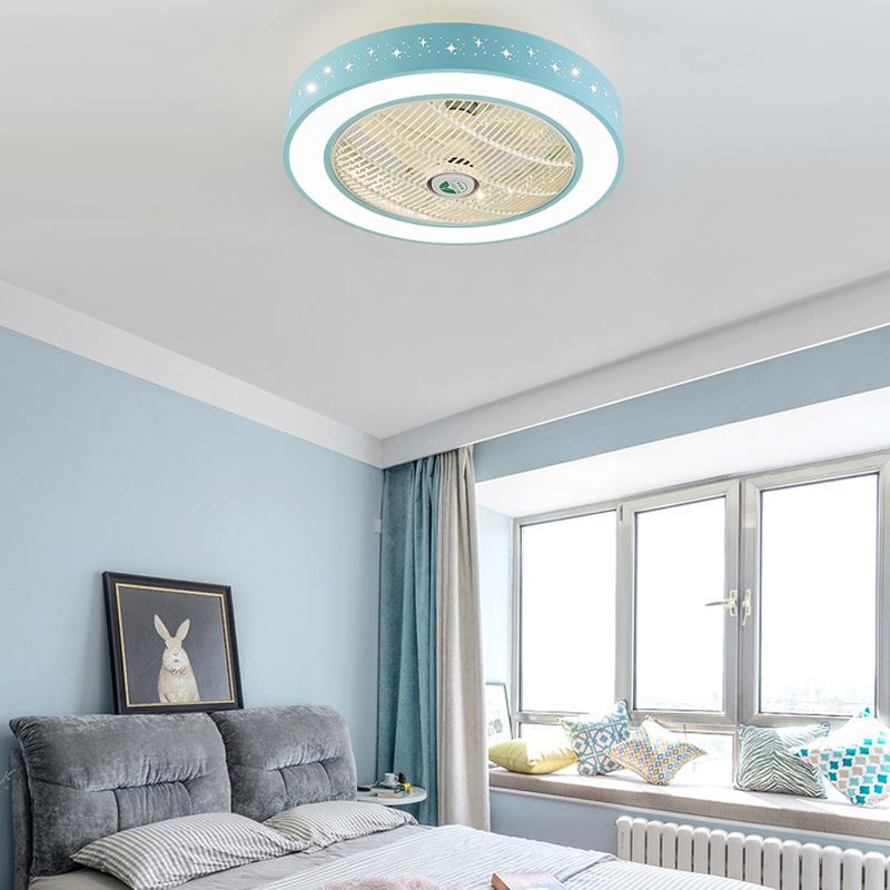 Macaron Hollowed-out Ceiling Fan Light Metal Bedroom LED Semi Flush Mount Lighting Fixture