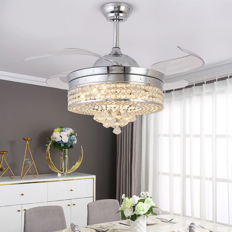 42" W Chrome Round Hanging Fan Lamp Minimalist Beveled Crystal LED Semi Flush Light Fixture with 4 Blades