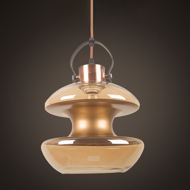 Loft Gourd/Schoolhouse/Mushroom Pendant Single Head Amber Glass Hanging Ceiling Lighting for Dining Hall