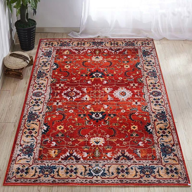 Red Tone Disstressed Rug Polyester Ethnic Pattern Area Rug Non-Slip Backing Carpet for Living Room