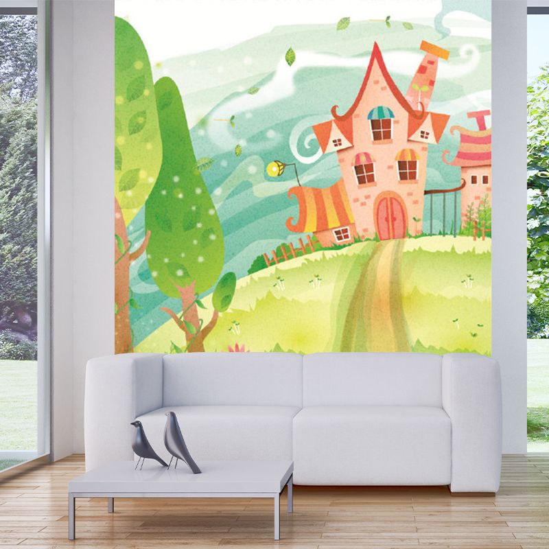 A Path to Castle Murals Pink-Blue-Green Cartoon Style Wall Art for Childrens Bedroom