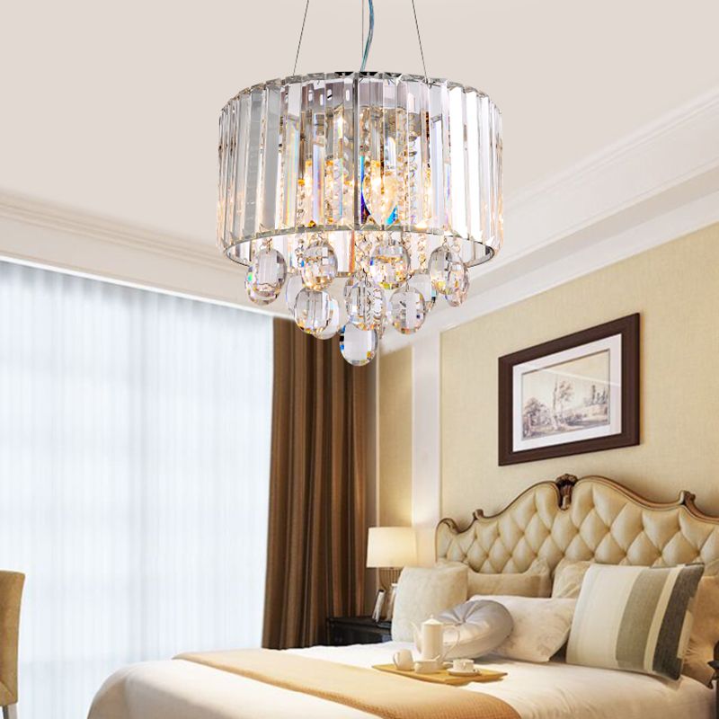 Clear Crystal Rod Drum Hanging Lamp Contemporary 6 Heads Chandelier Pendant Light