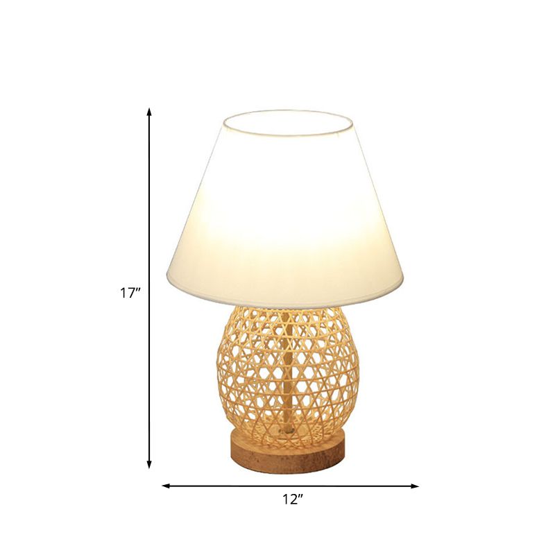 Asian Woven Oval Night Lamp Bamboo Rattan Single Bedroom Table Light with White Fabric Shade in Beige