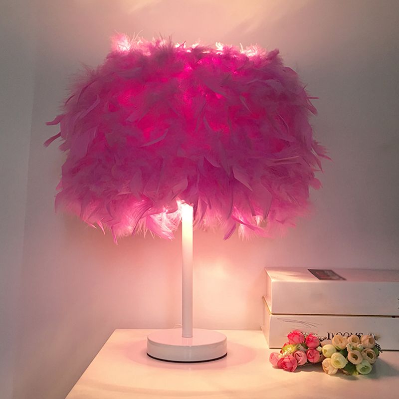 1-Light Girls Room Night Lamp Modern Pink/Purple/White Table Light with Cylindrical Feather Shade