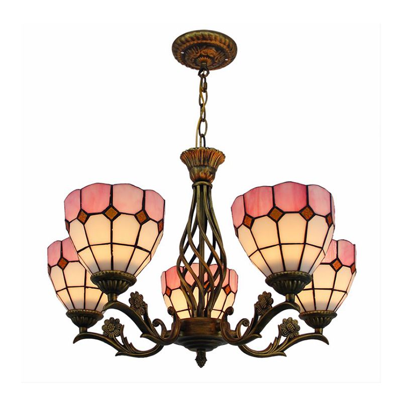 Domed Hanging Chandelier 5 Lights Stained Glass Tiffany Style Ceiling Pendant in Pink