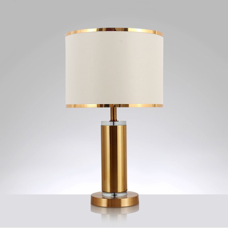 Cylinder Bedroom Table Lighting Minimalist Fabric 1-Light Brass Nightstand Lamp with Drum Fabric Shade