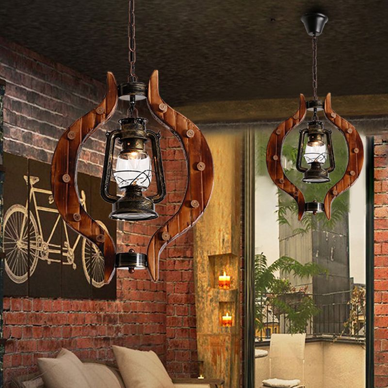 1 Light Lantern Iron Hanging Lighting Warehouse Brass Clear Glass Pendant Lamp with Wood Frame