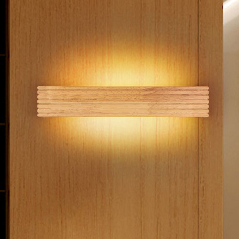 Striped Bedroom Wall Sconce Contemporary Wooden 14"/18"/21.5" Wide 1-Head Beige LED Up and Down Light Fixture in Warm/White Light