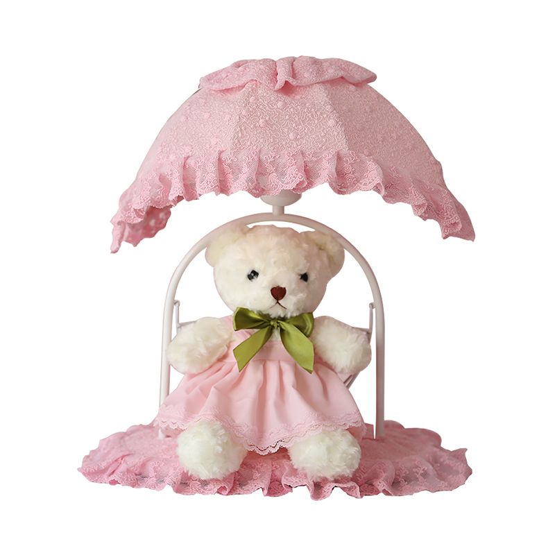 Fabric Bear Night Table Lamp Kids 1 Iluminación de mesita de noche rosa claro con adornos de encaje para guardería