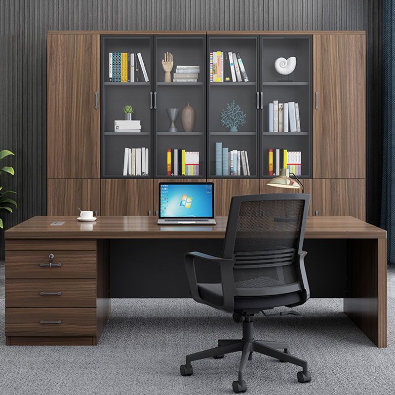 Rectangular Shaped Executive Desk Wood with 3 Drawers in Brown