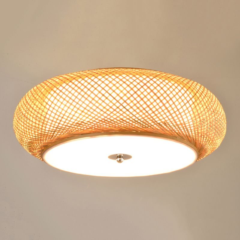 Asian Bamboo Flush Mount Lighting Rounded Drum Ceiling Lamp for Living Room