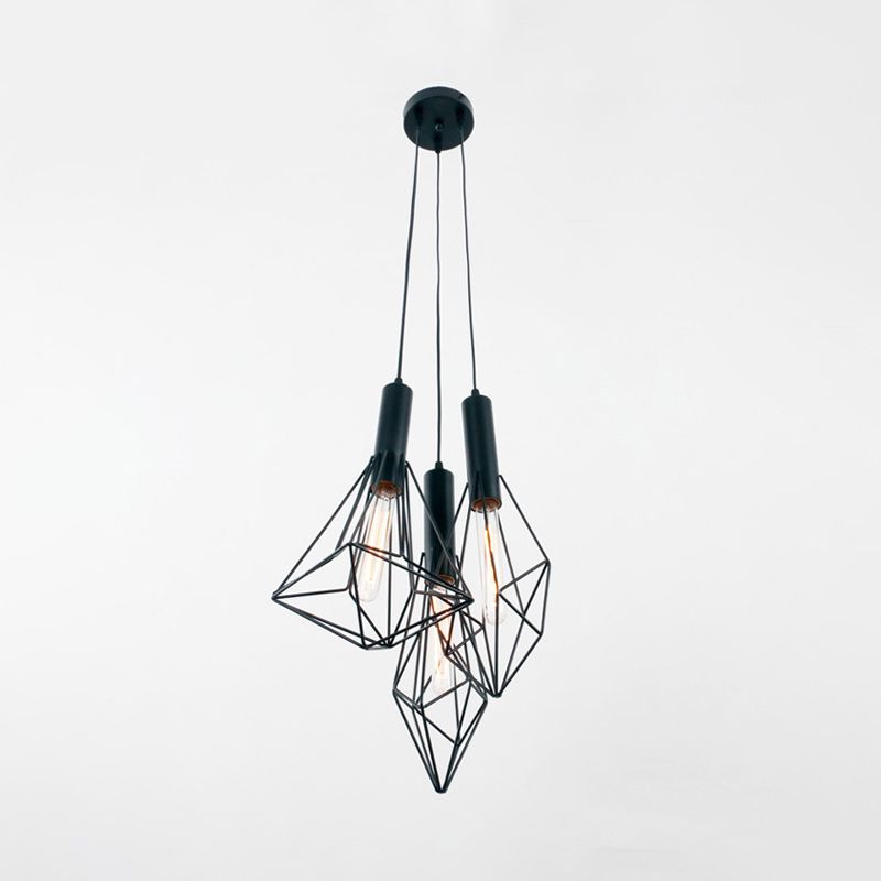 Abstract Cage Cafe Ciondolo a sospensione Light Iron Iron 3 Luci Luce del soffitto industriale in nero