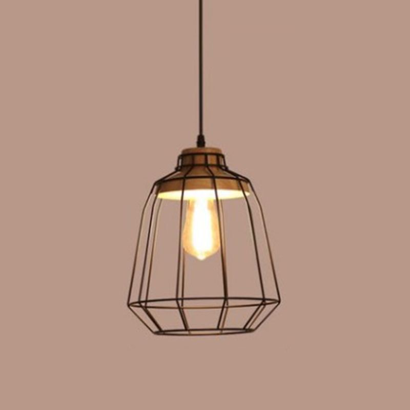 Iron Caged Pendant Lamp Industrial-Style 1 Bulb Restaurant Suspension Lighting in Black