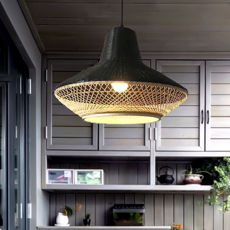 Asian 1-Light Hanging Lamp with Knitted Bamboo Black/Wood Curvy Pendant Light for Restaurant Tea House