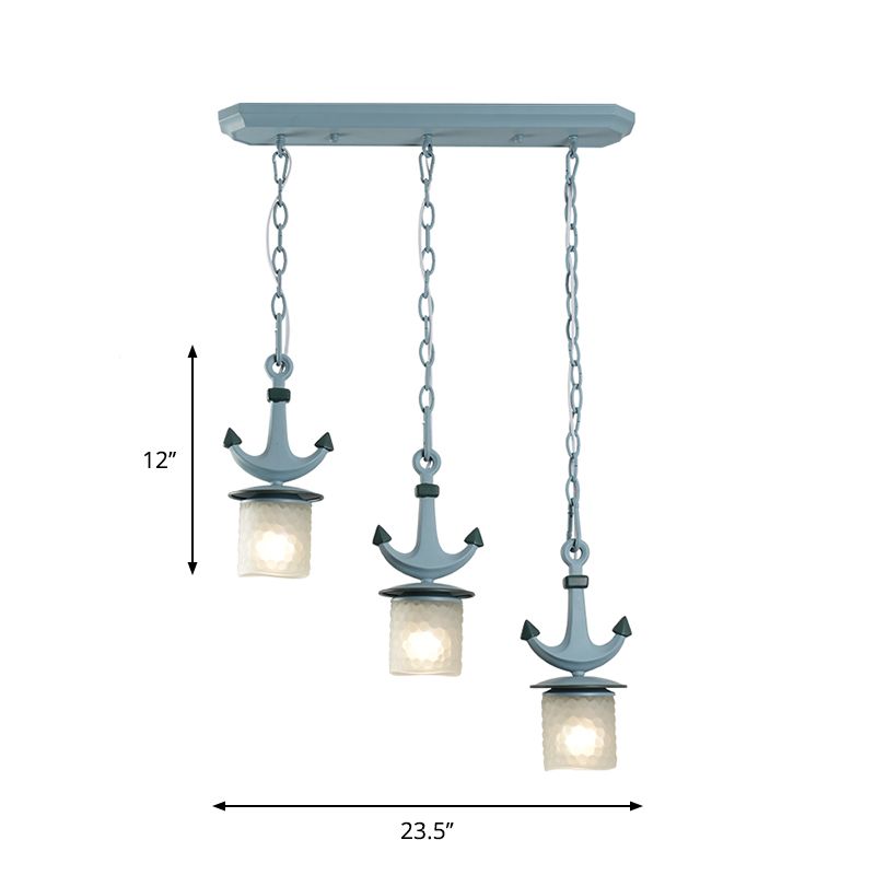 Cylindrical Playroom Pendant Lamp Dimpled Glass 3 Bulbs Modernism Multiple Ceiling Light in Blue, Linear/Round Canopy