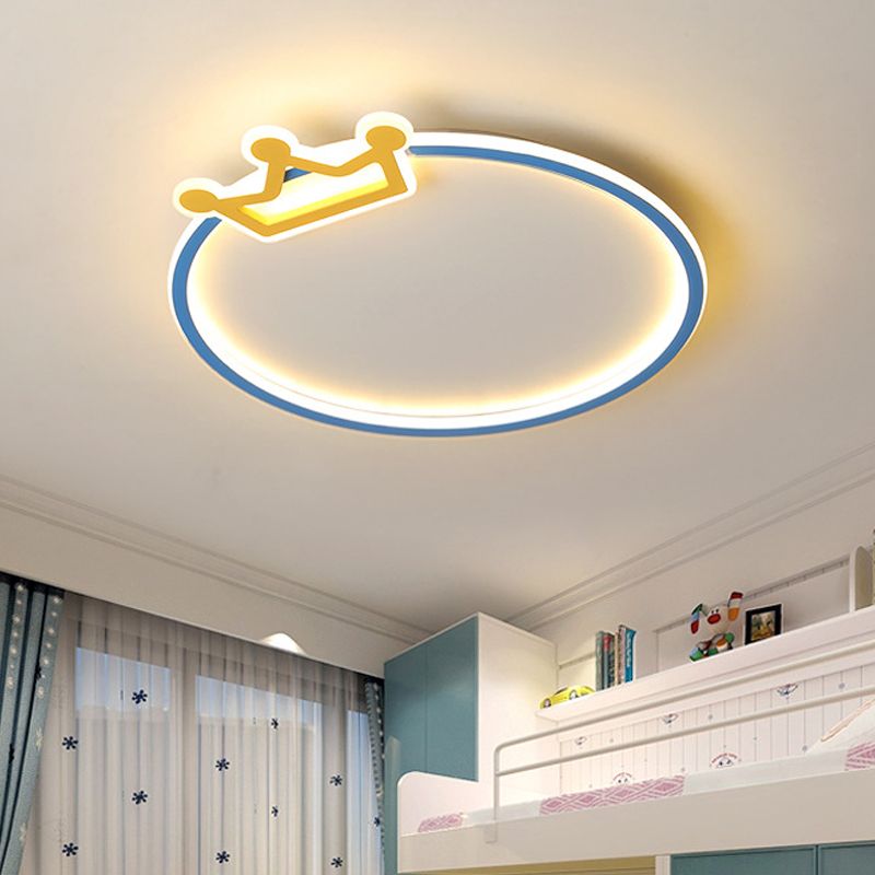 Blue Ring Flush Mount Ceiling Lamp Modernist Acrylic LED Flushmount Lighting with Diamond/Crown Design for Bedroom