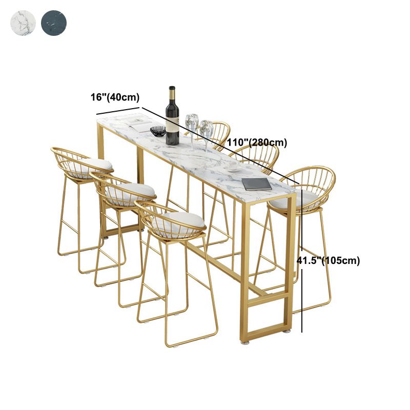 Stone Rectangle Bar Dining Table Contemporary Bar Table with Trestle Base in Gold