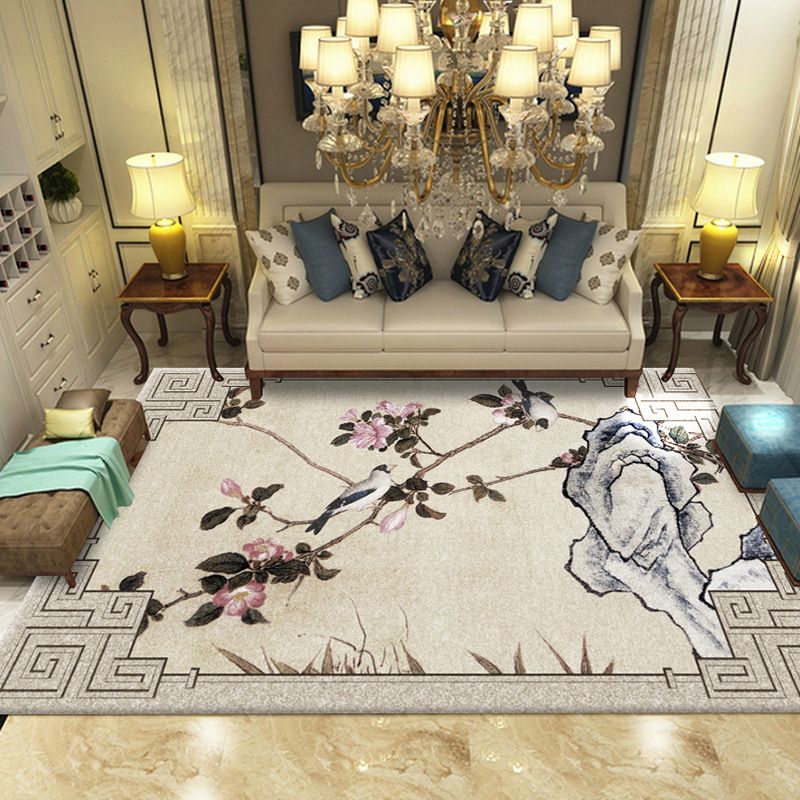Color Mixed Home Decoration Carpet Antique Ink Print Area Rug Polyester with Non-Slip Backing Rug