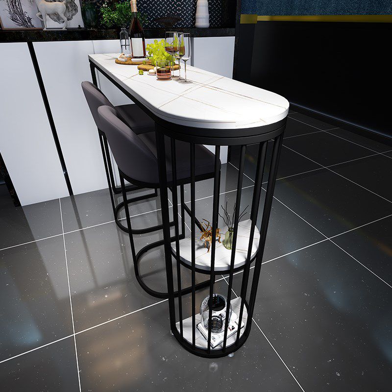 Industrial Iron Bar Dining Table White Stone Top Indoor Bistro Table with Shelf