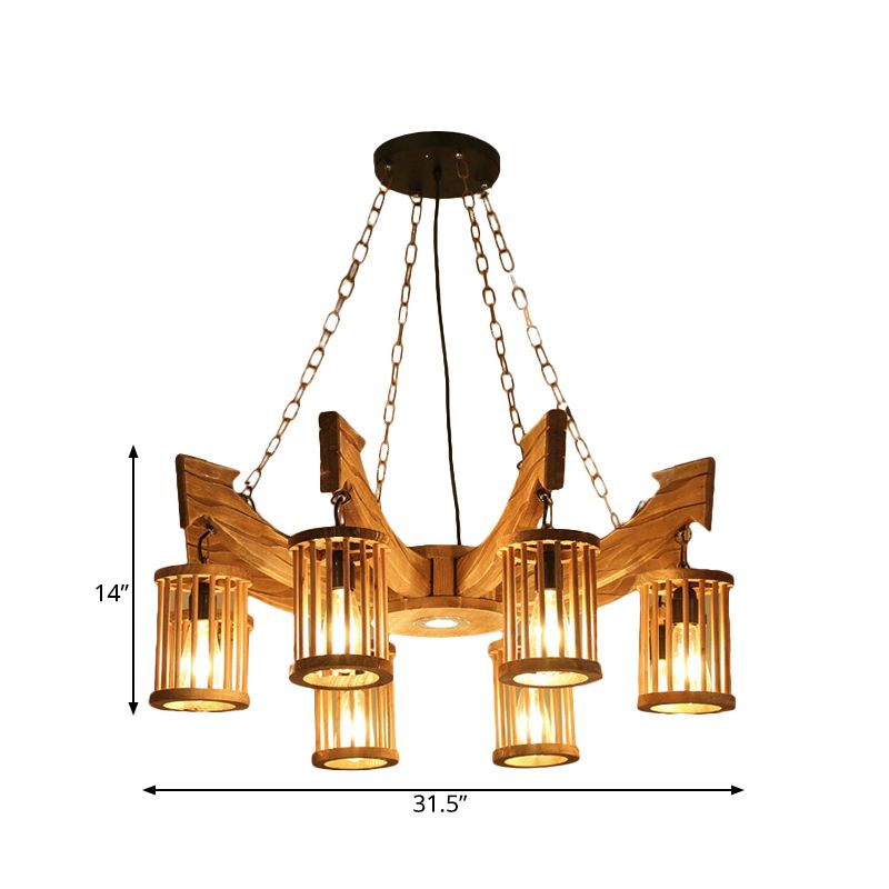 6/8-Head Cylinder Chandelier Lighting Fixture Industrial Brown Wood Hanging Ceiling Light with Anchor Arm