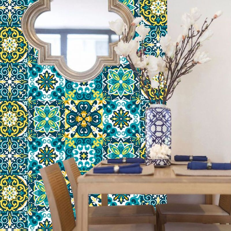 Floral Tiles Wallpaper Panels Bohemian PVC Temporary Wall Covering in Blue-Yellow-Green