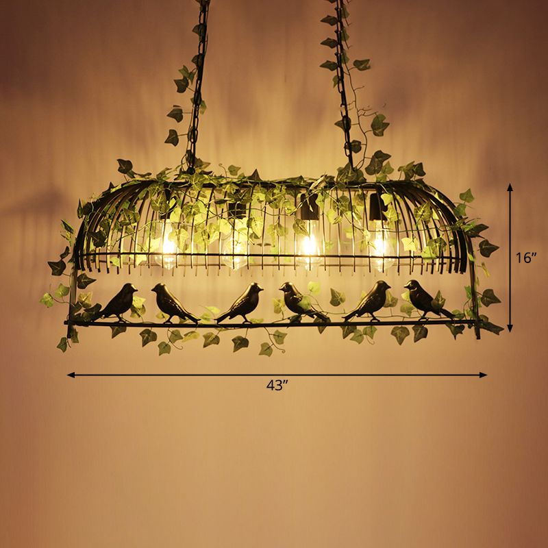 Iron Birdcage Suspension Light Antique Restaurant Island Island Chandelier Light avec Ivy artificiel en vert