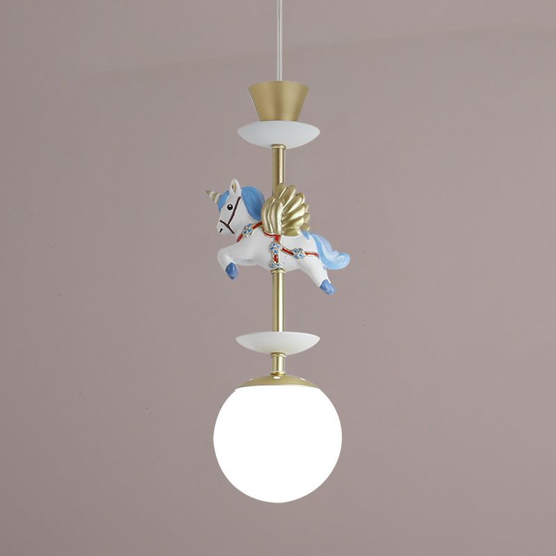 Apparecchiatura contemporanea da 1 per pedante lampadina con tonalità di vetro opale un unicorno rosa/blu lampada sospesa