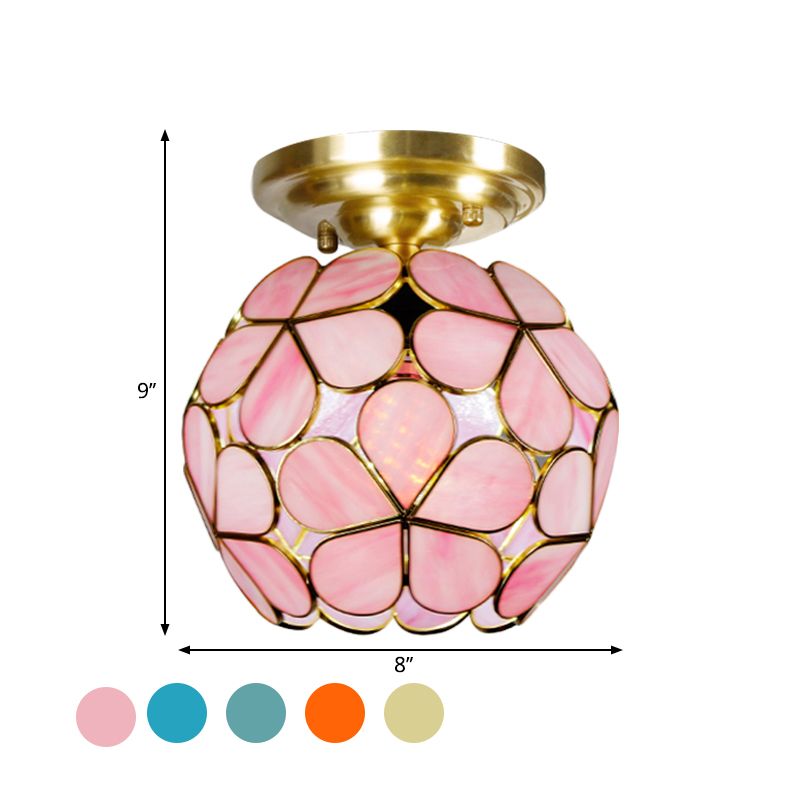 Single Light Flower Ceiling Fixture Victorian White/Pink/Orange Stained Glass Semi Mount Lighting