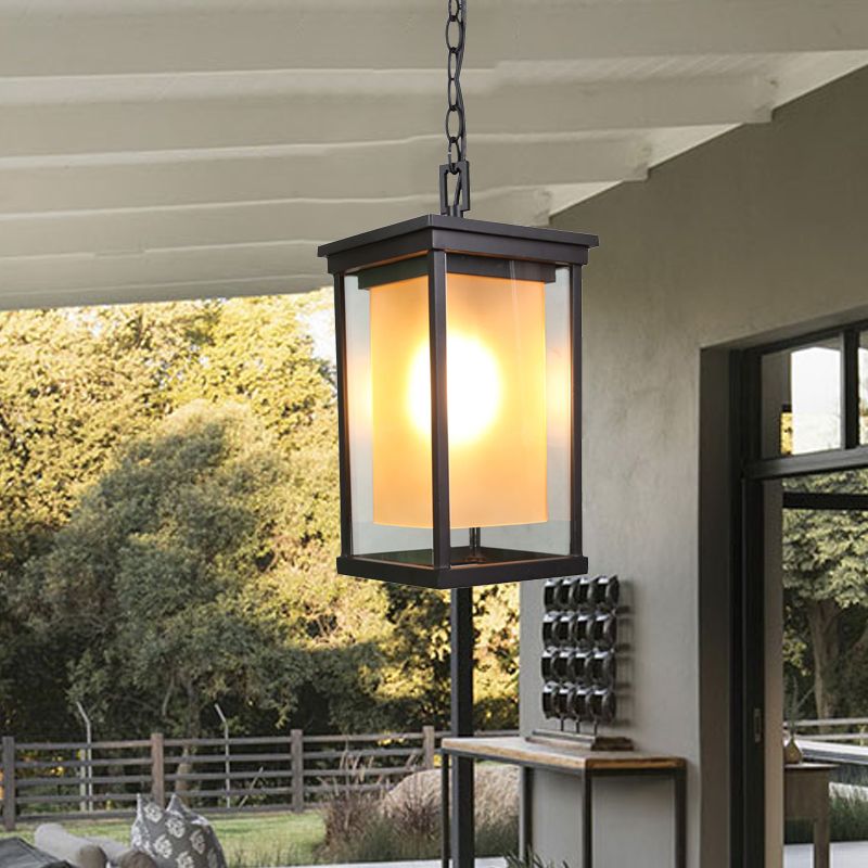 Black 1 Bulb Ceiling Pendant Classic Clear Glass Rectangle Hanging Lamp Kit with Inner Cylinder Amber Glass Shade