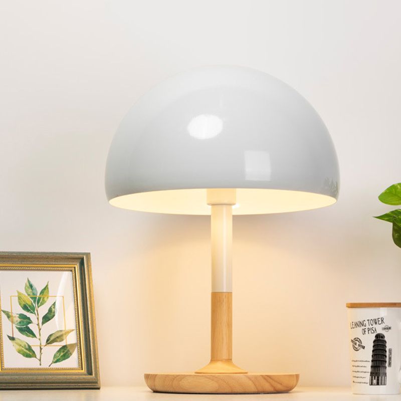 Metal Hemisphere Desk Lamp Modern 1 Head White Table Light, Circular Beige Wood Base