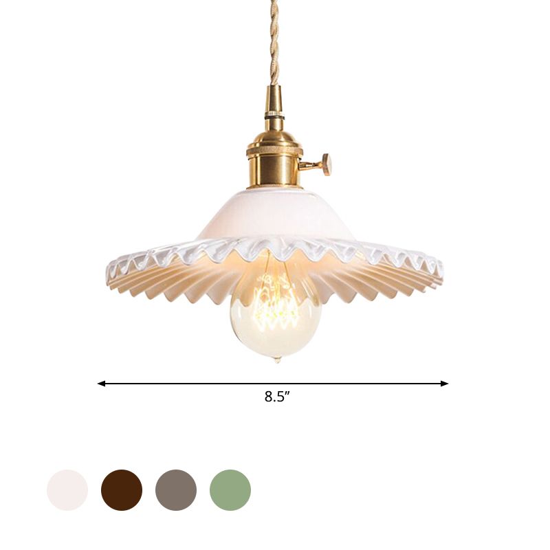 Brass 1-Light Hanging Ceiling Light Industrial Black/White/Green Glass Scalloped Pendant Lighting for Dining Room