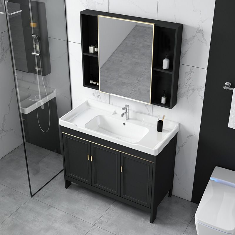 Modern Metal Sink Cabinet Mirror Wall-Mounted Bathroom Vanity Cabinet in Black