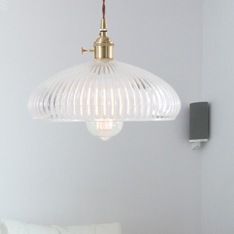 Clear Glass Brass Pendant Lamp Barn/Dome 1-Light Retro Hanging Light Fixture for Living Room