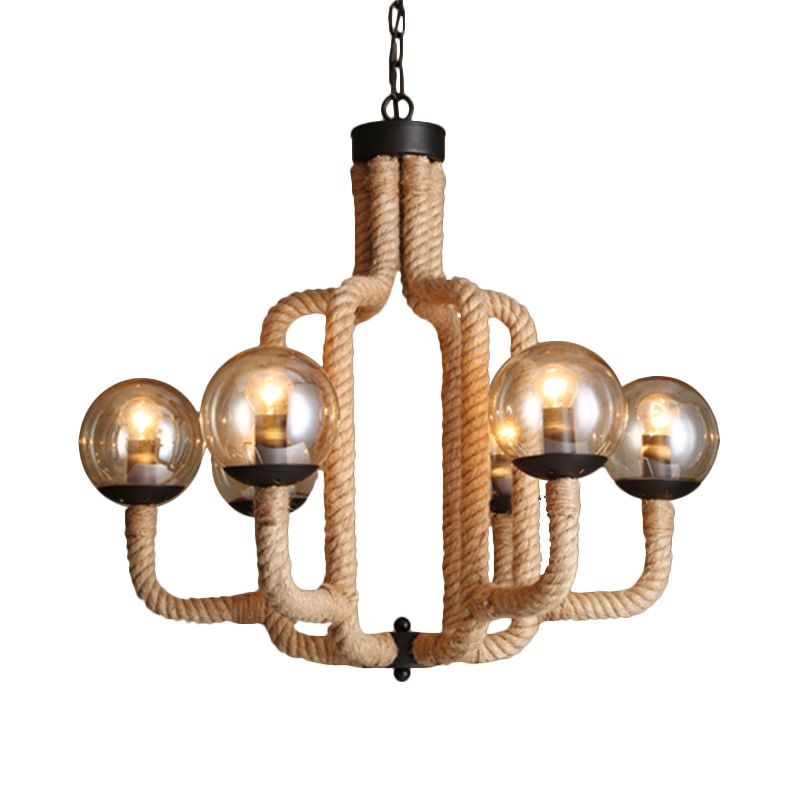 Brown Roped Caged Ceiling Pendant Light Vintage 6 Lights Restaurant Chandelier Lamp with Glass Ball Shade