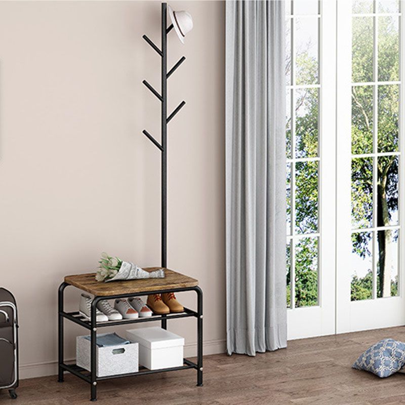 Leisure Hall Tree Plain Coat Hooks Metal Coat Rack with Storage Bench