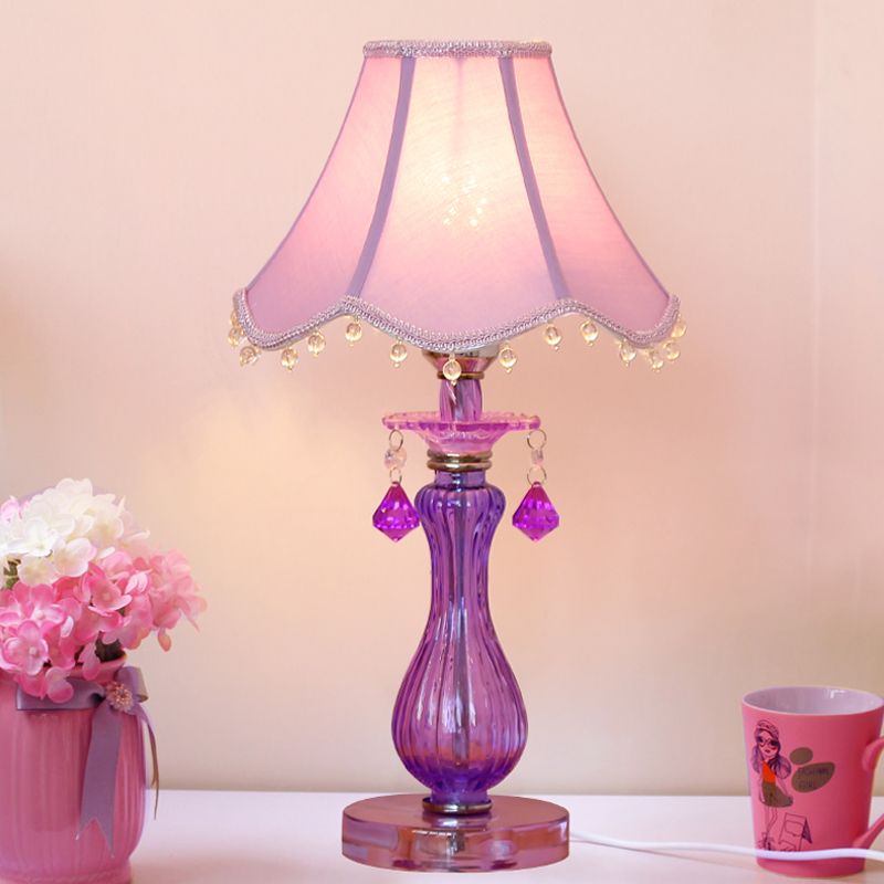 Romantic Pastoral 1 Light Night Lamp Purple Cone/Scalloped Nightstand Light with Fabric Shade and Crystal Accent