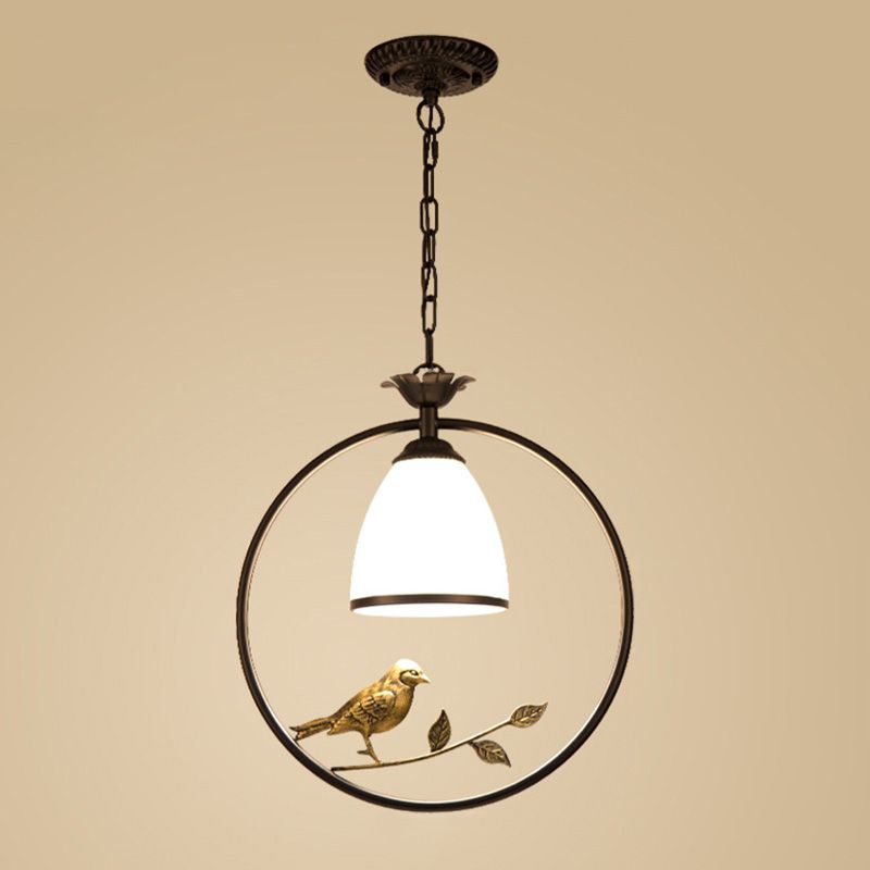 Suspension de cloche en verre à crème Cattage simple à manger simple plafond pendentif plafond avec décoration d'oiseaux en noir