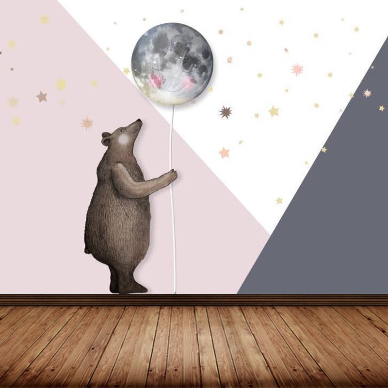 Bear with Moon Balloon Mural Decal Cartoon Non-Woven Cloth Wall Art in Pink for Nursery