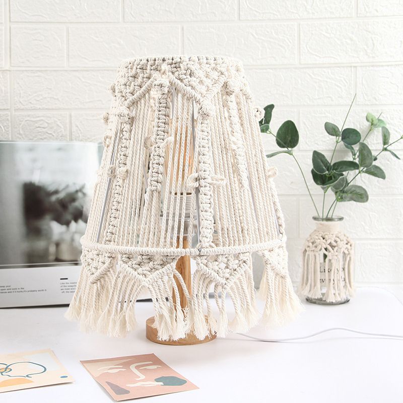 1 Head Nightstand Lamp Country Tapered Woven Rope Table Light with Tassel Fringe in Yellow for Bedroom