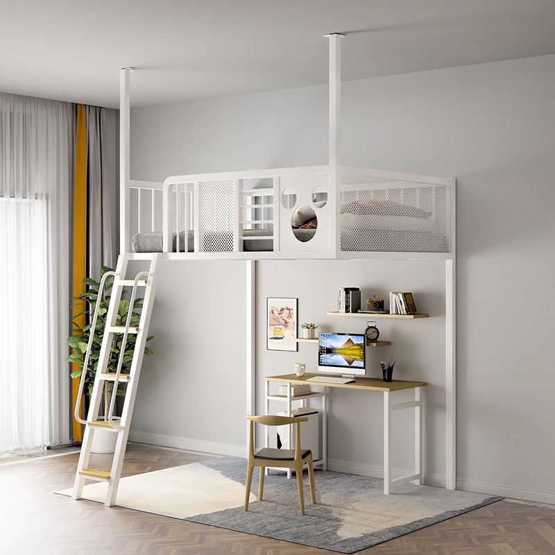 Open Frame Metal Bed Nordic Iron High Loft Bed with Built-In Ladder