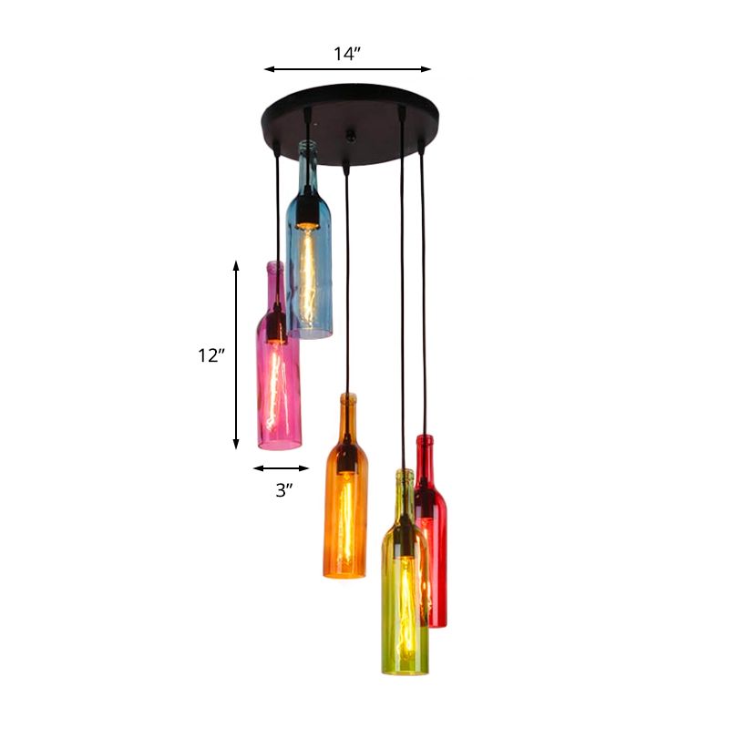 Glass Wine Bottle Hanging Light Industrial 3/5-Head Restaurant Ceiling Pendant Lamp with Round/Linear Canopy in Black