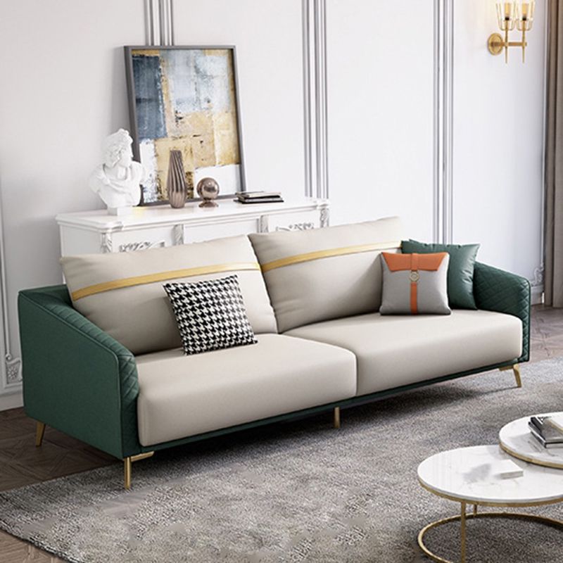 Green Living Room Sofa Sloped Arm Modern Faux Leather Settee with Brass Legs