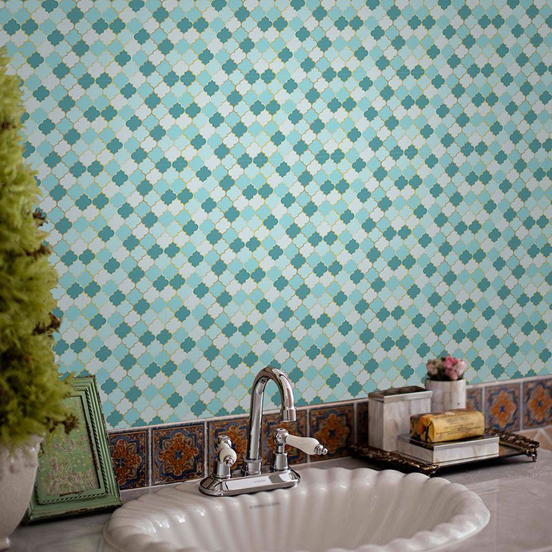 Aqua Quatrefoil Wallpaper Panel Set Peel and Stick Modern Bathroom Wall Decoration