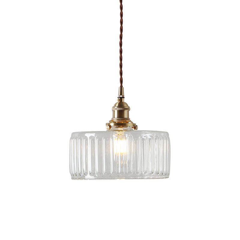 Clear Ribbed Glass Brass Pendulum Light Round 1 Head Warehouse Suspension Lamp