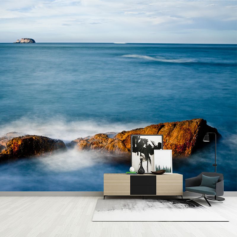 Blue Sea and Rock Mural Stain Resistant Contemporary Bedroom Wall Decor, Non-Woven