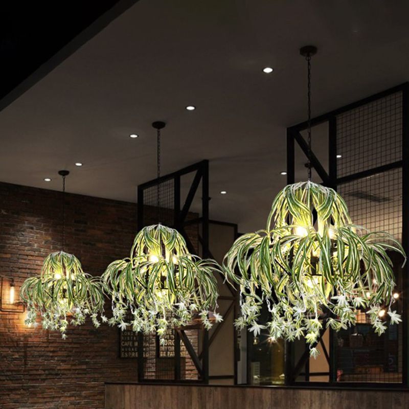 Farm Circular Cage Chandelier Light 5 Bulbs Iron Pendant Lighting Fixture in Green with Flower Decor